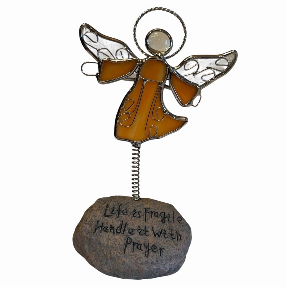 Stained Glass Angel Figurine Spring Wobble Prayer Decor Textured Stone Base